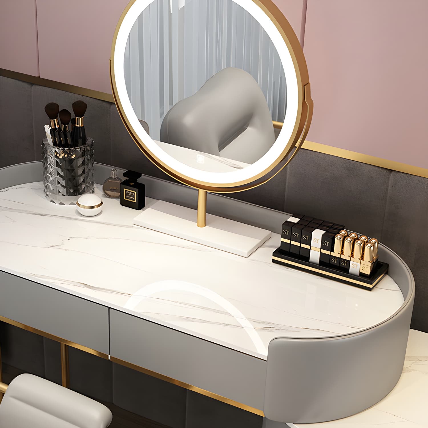 Wooden Makeup Vanity Desk Lighted Mirror Vanity Dressing Table Set with Drawer thumbnail 11