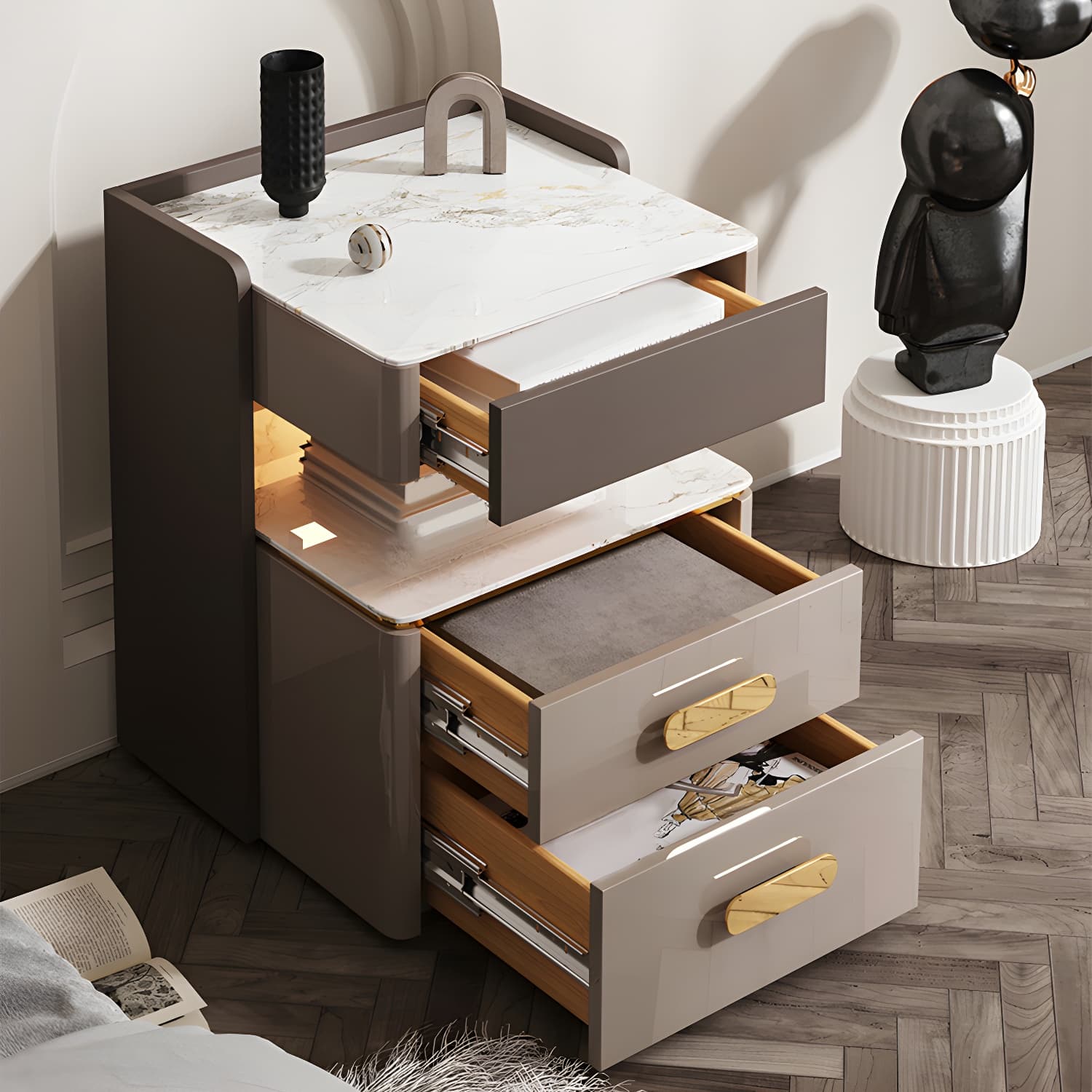 3-Drawer Nightstand with USB charging 21.65" Tall Faux Leather Nightstand thumbnail 6