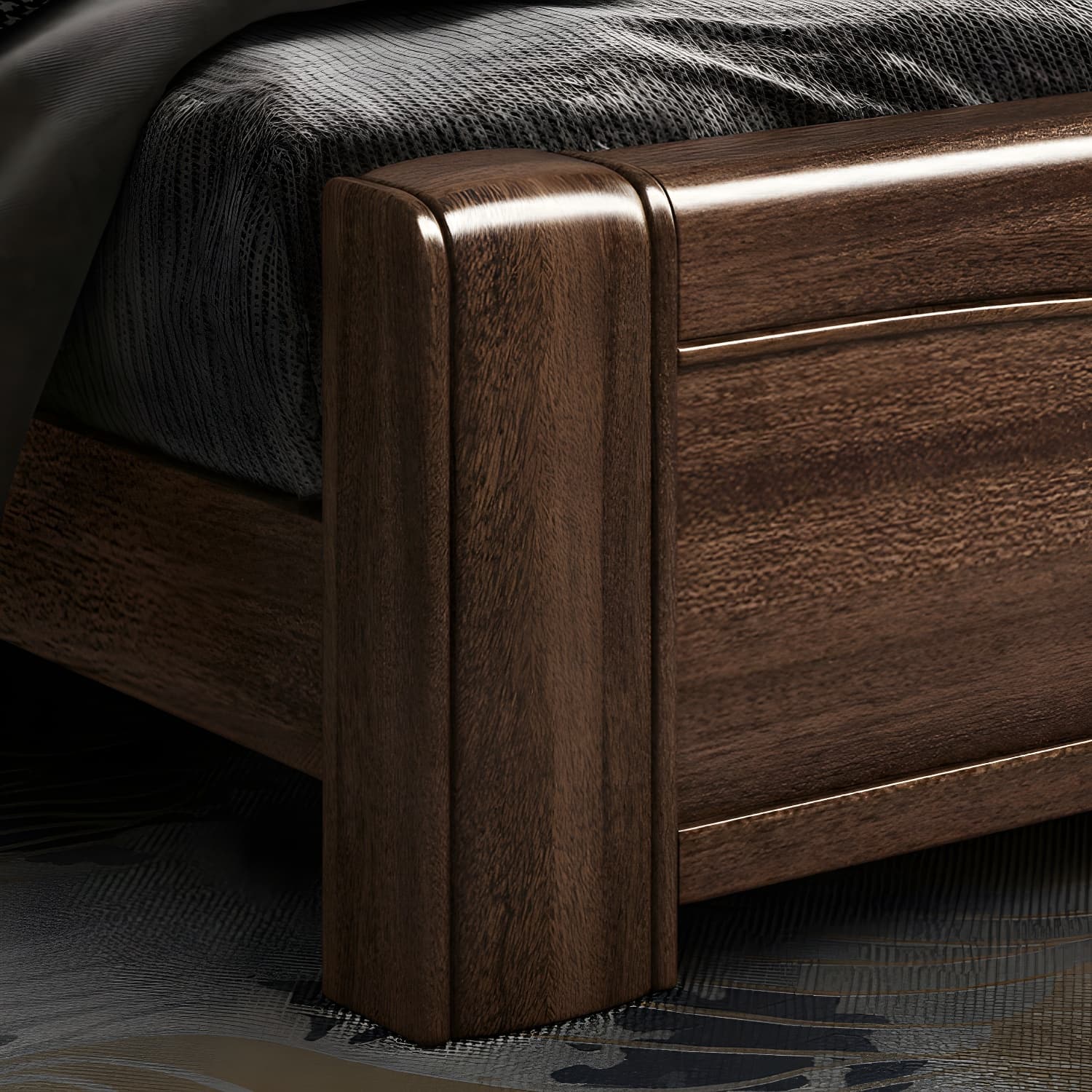 Traditional Walnut Wood Brown Bed with Rectangular Upholstered Headboard for Bedroom thumbnail 7