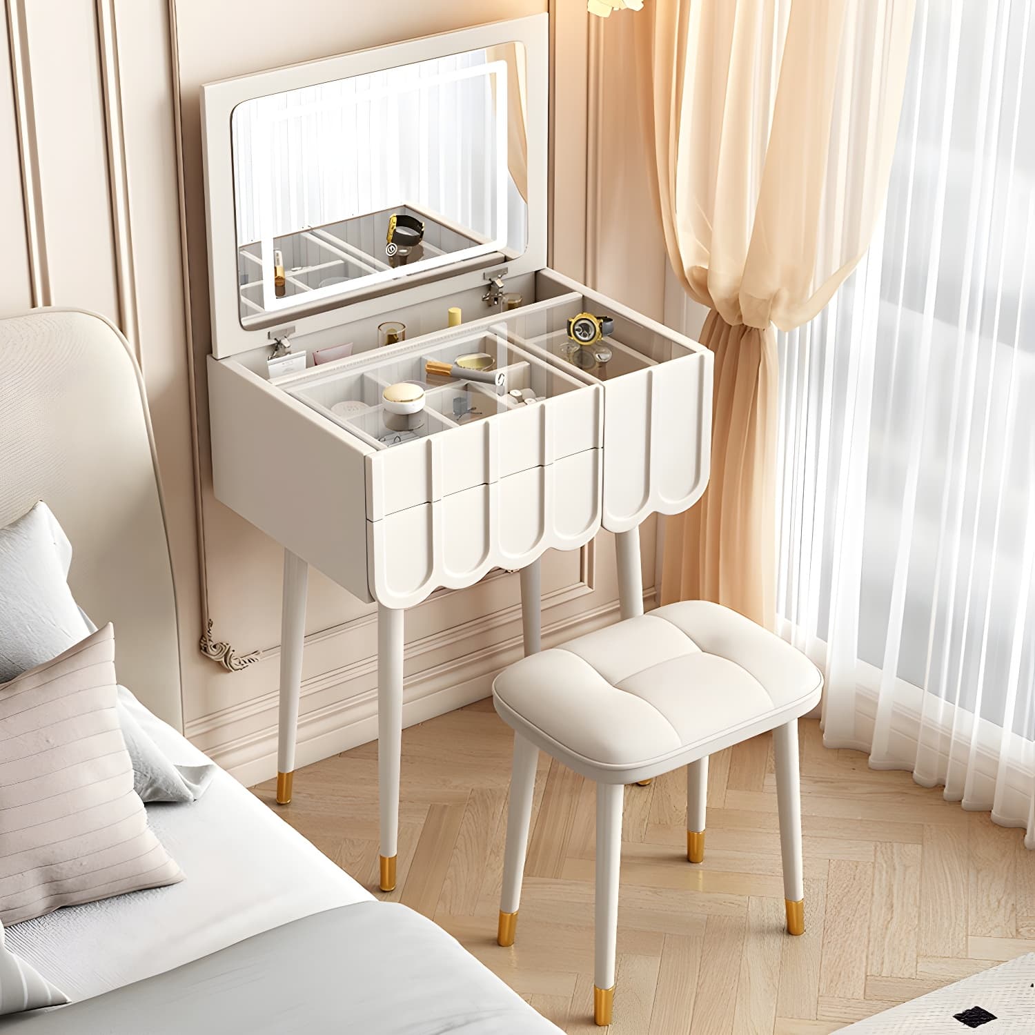 Elegant Vanity Set with Oak Top & Mirror & 2 Drawers & Comfortable Seat thumbnail 5