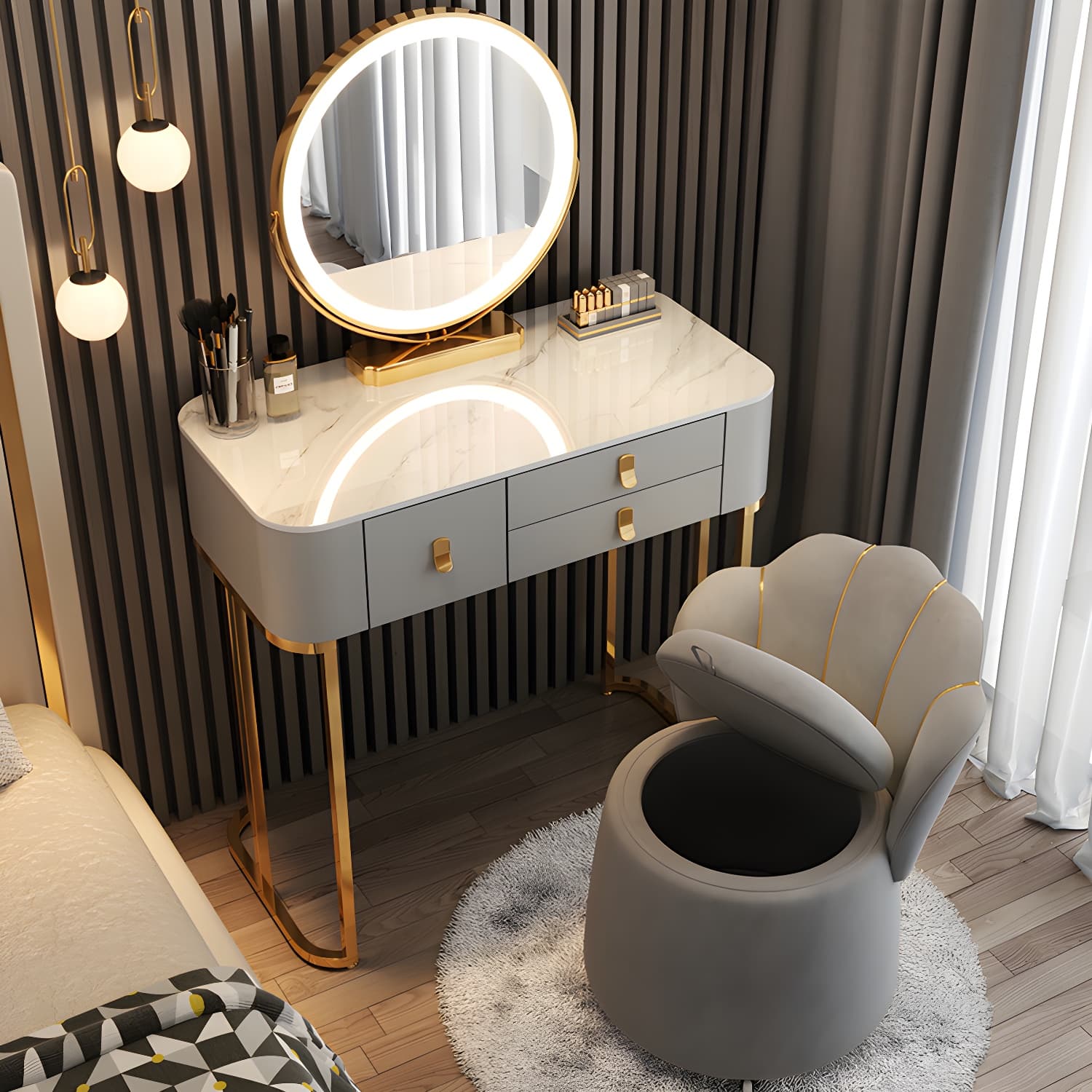 Luxurious Vanity Dressing Table Solid Wood Vanity Set with Stool and Mirror thumbnail 3