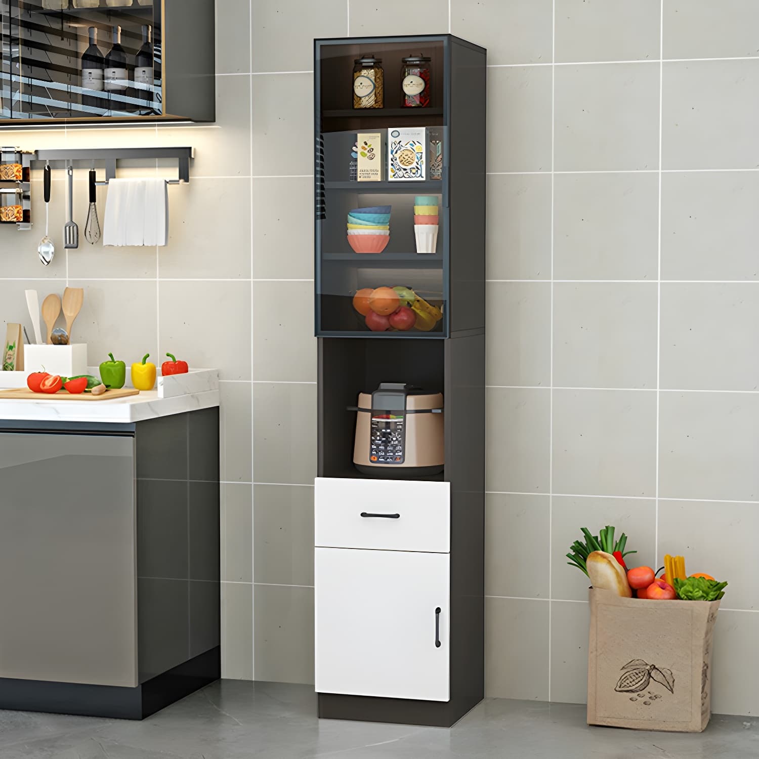 Wood Glam Server with Cabinets and Drawers - Narrow Size - Stylish and Functional