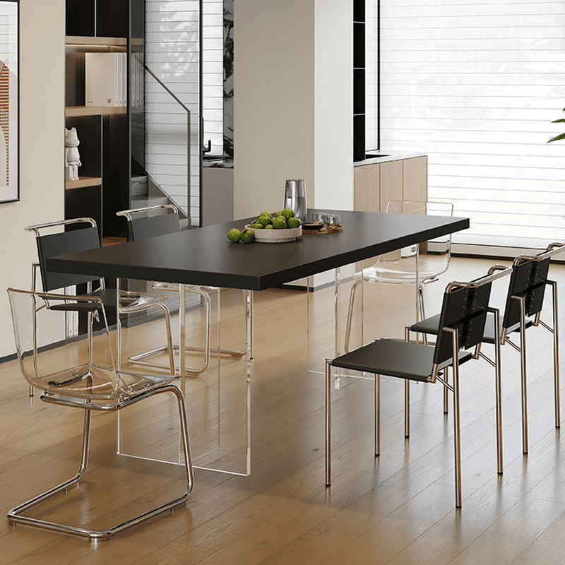 Minimalist Rectangular Dining Table Set with Two-sided Pedestal and Fixed Table, Featuring Back Chairs in Midnight Black thumbnail 1