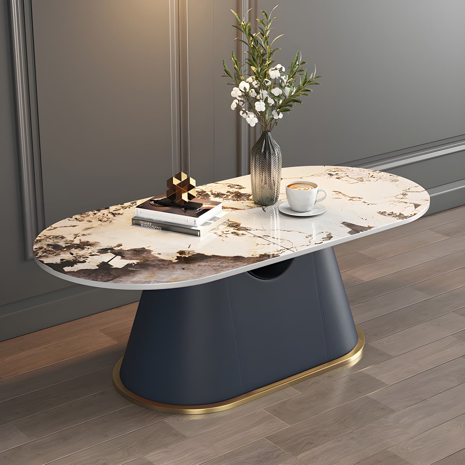 Glam Oval Stone Coffee Table with Pedestal Chrome Base - Scratch Resistant thumbnail 8