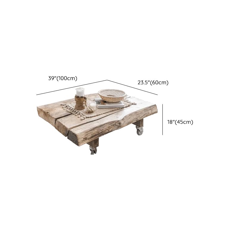 Classic Weathered Wood Wagon Wheel Pine Square Coffee Table with Rotating Roller Wheels for Home thumbnail 10