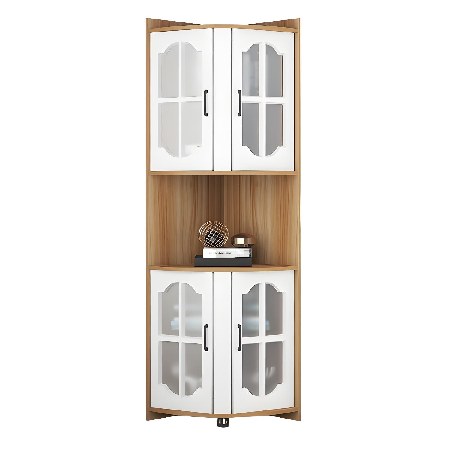 Corner Modern Glass Door Accent Cabinet with Wood Base and 2 Exterior Shelves thumbnail 5