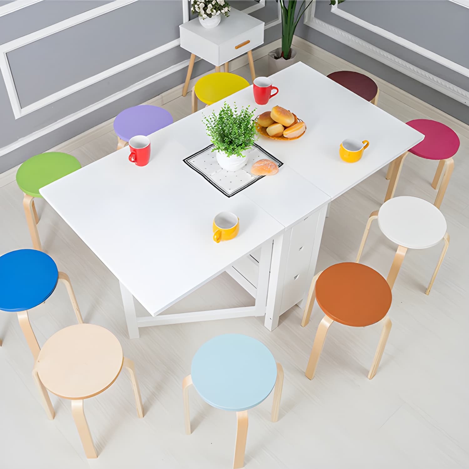 Modern Birch Wood Drop Leaf Rectangle Kitchen & Dining Table with Pedestal Base and Storage Included thumbnail 10