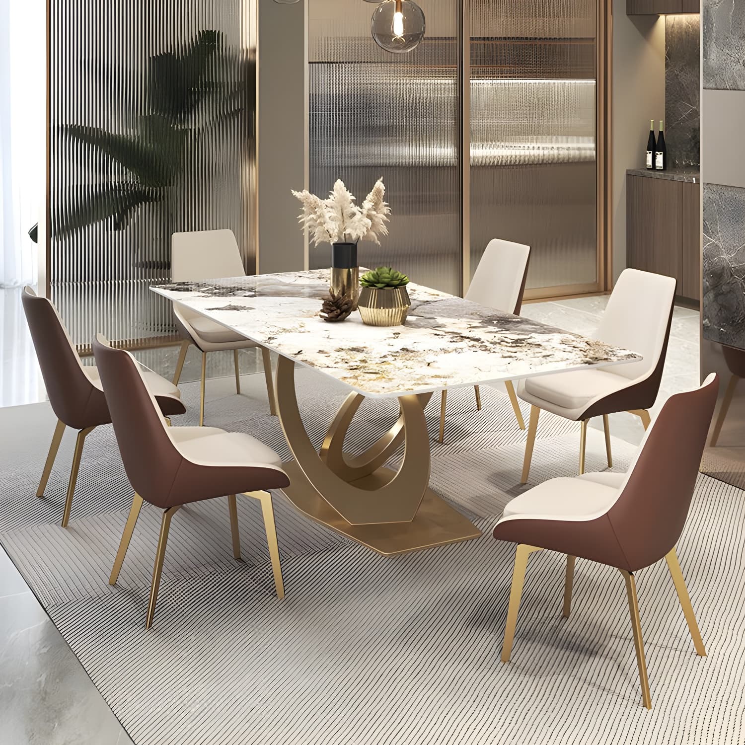 Glossy Beige Dining Table Set 1/2/5/7 Pcs Glam Dinette Set with Leather Chairs thumbnail 13