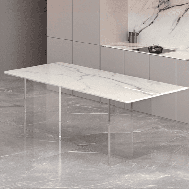 Dining Table Set with Rectangular White Slate Stone Top, Two-sided Pedestal Base, and Padded Chair with Back thumbnail 1