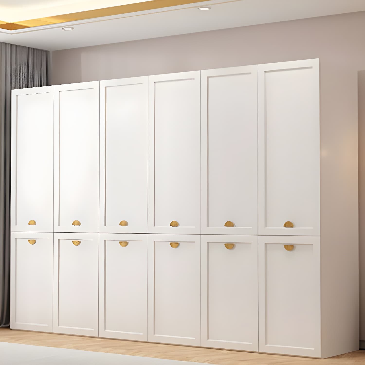 Modern Solid Color Shelves Hinged Doors Cloth Rod Included Cabinet in Beige thumbnail 15