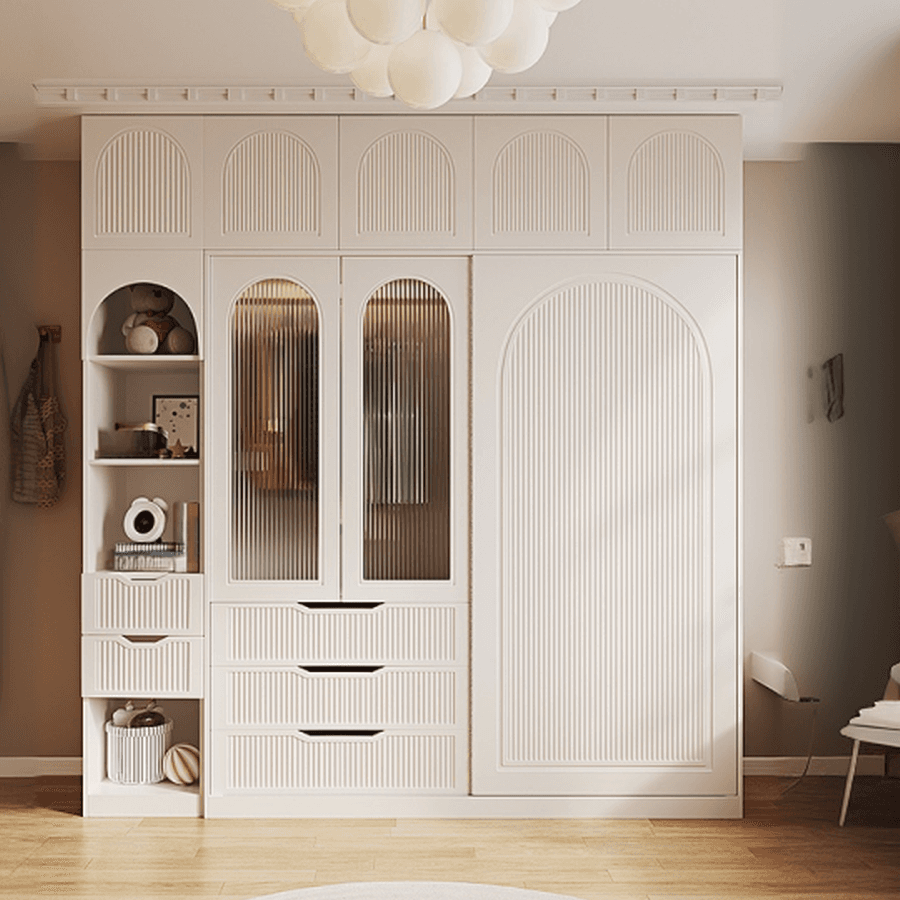 Chalk Almirah in Timber with Clothing Rod, 3 Cabinets/2 Cabinets and 5-Drawer/4-Drawer/3-Drawer in a Minimalist Style, 3-Shelf/2-Shelf Included/Not Included