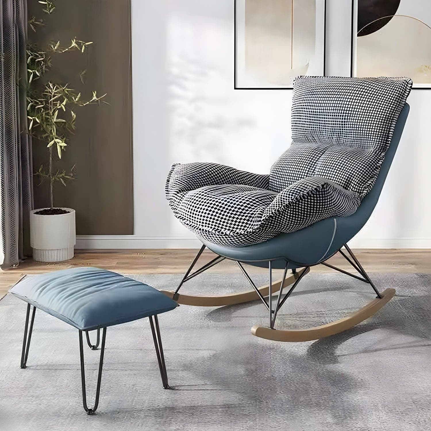 Modern Glider Chair Solid Pure Color Faux Leather Rocker Chair with Ottoman thumbnail 2