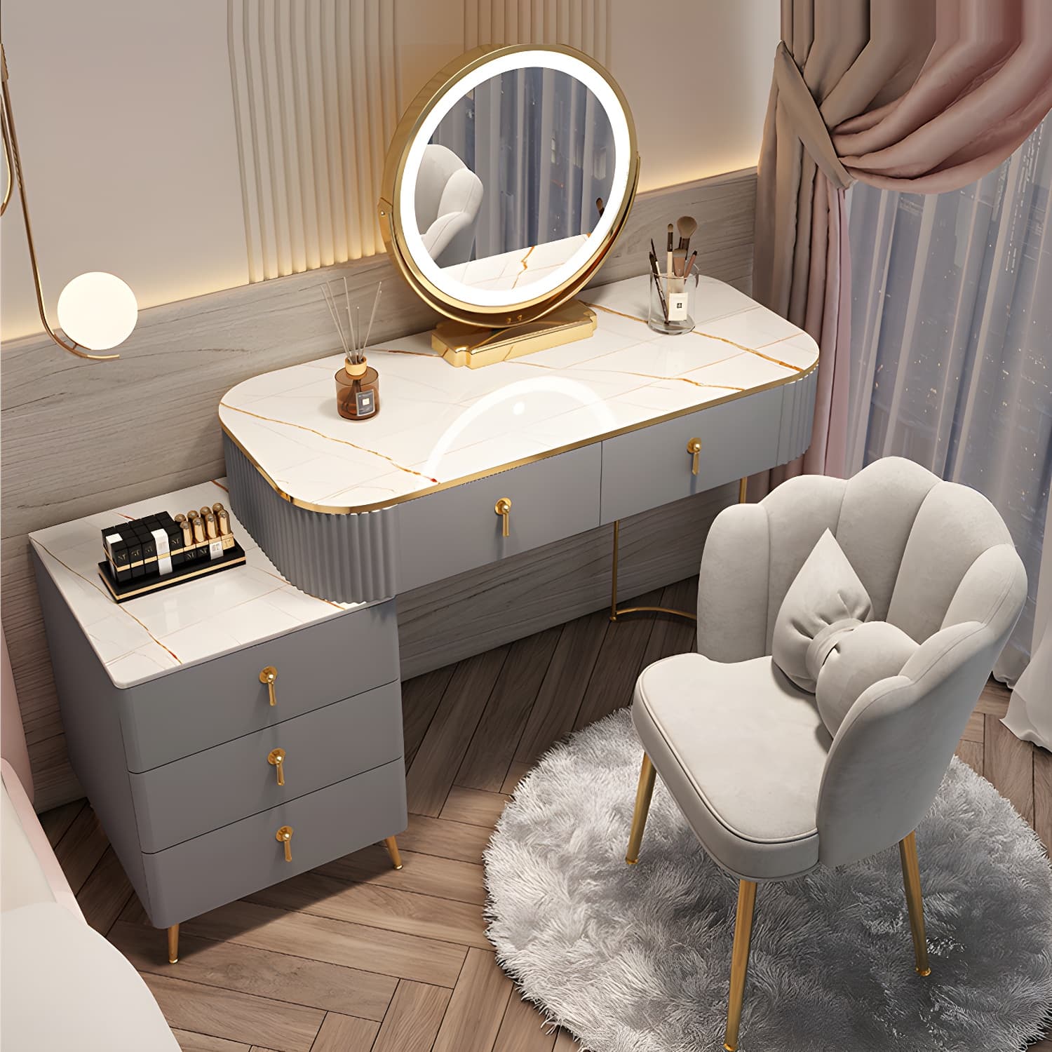 Contemporary Mirrored Wood Top Makeup Vanity Desk White/Gray Dressing Table thumbnail 5