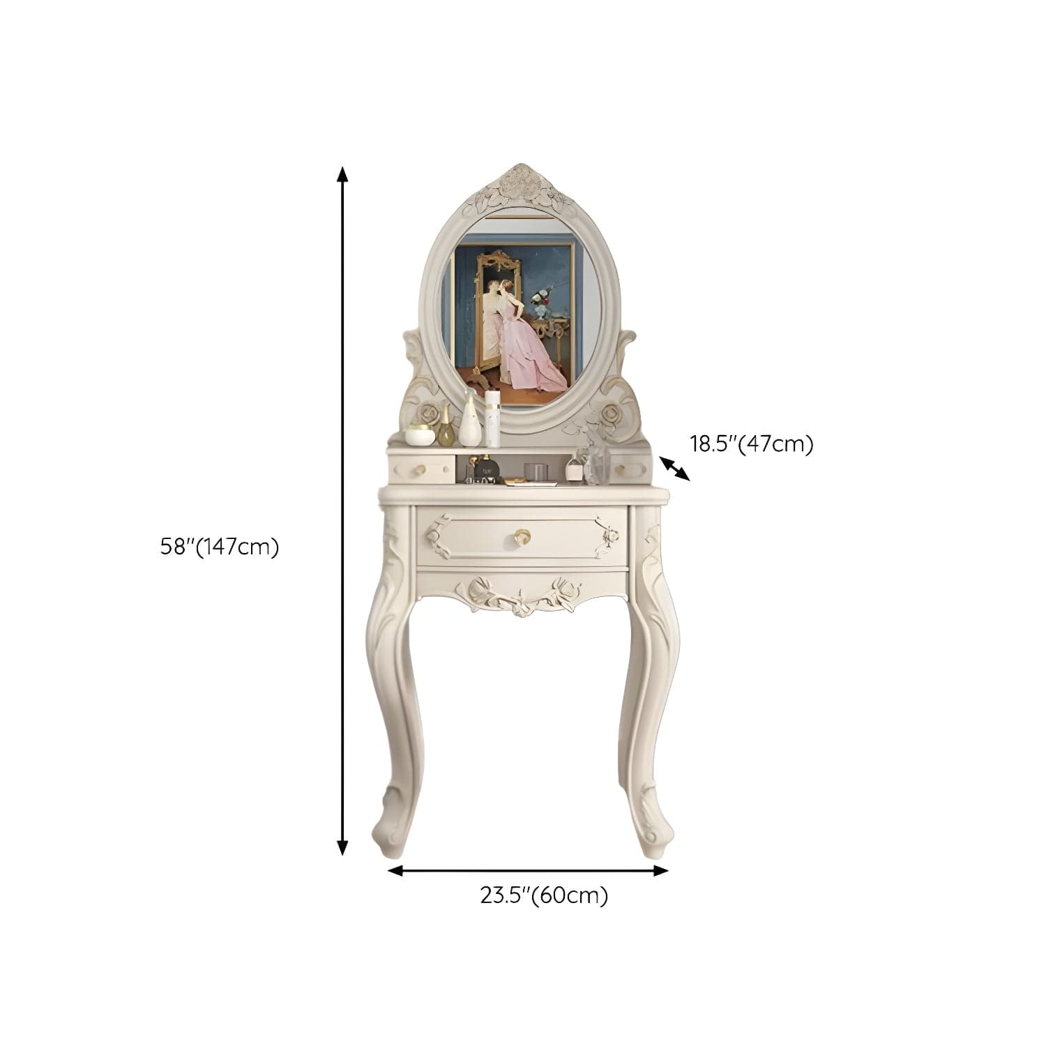 Elegant White Victorian Makeup Vanity Set with Wood Top & Mirror & Drawers & Upholstered Chair thumbnail 10