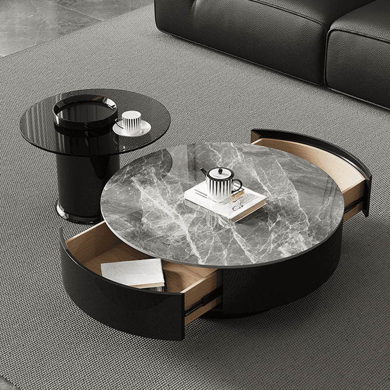 Elegant 1-Tier Circular-shaped Slate Side Table with Drum Base and Midnight Black Top, Includes 2 Drawers/1 Drawer thumbnail 7