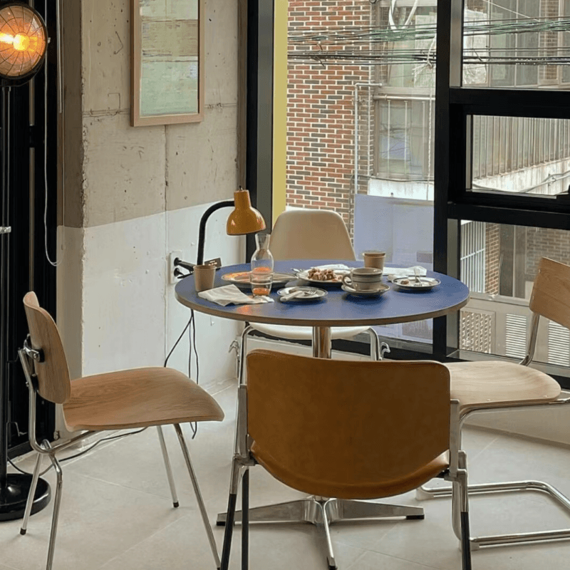 Trendy Orbicular Dining Table with Timber Top, Fixed Table Mechanism in Cerulean/Green/Apricot Color thumbnail 10