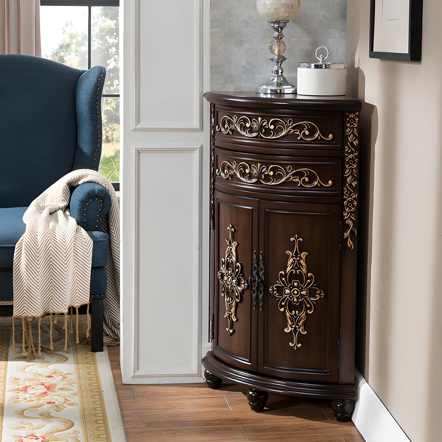 Traditional Bar Pulls Solid Wood Corner Accent Cabinet with Doors thumbnail 14