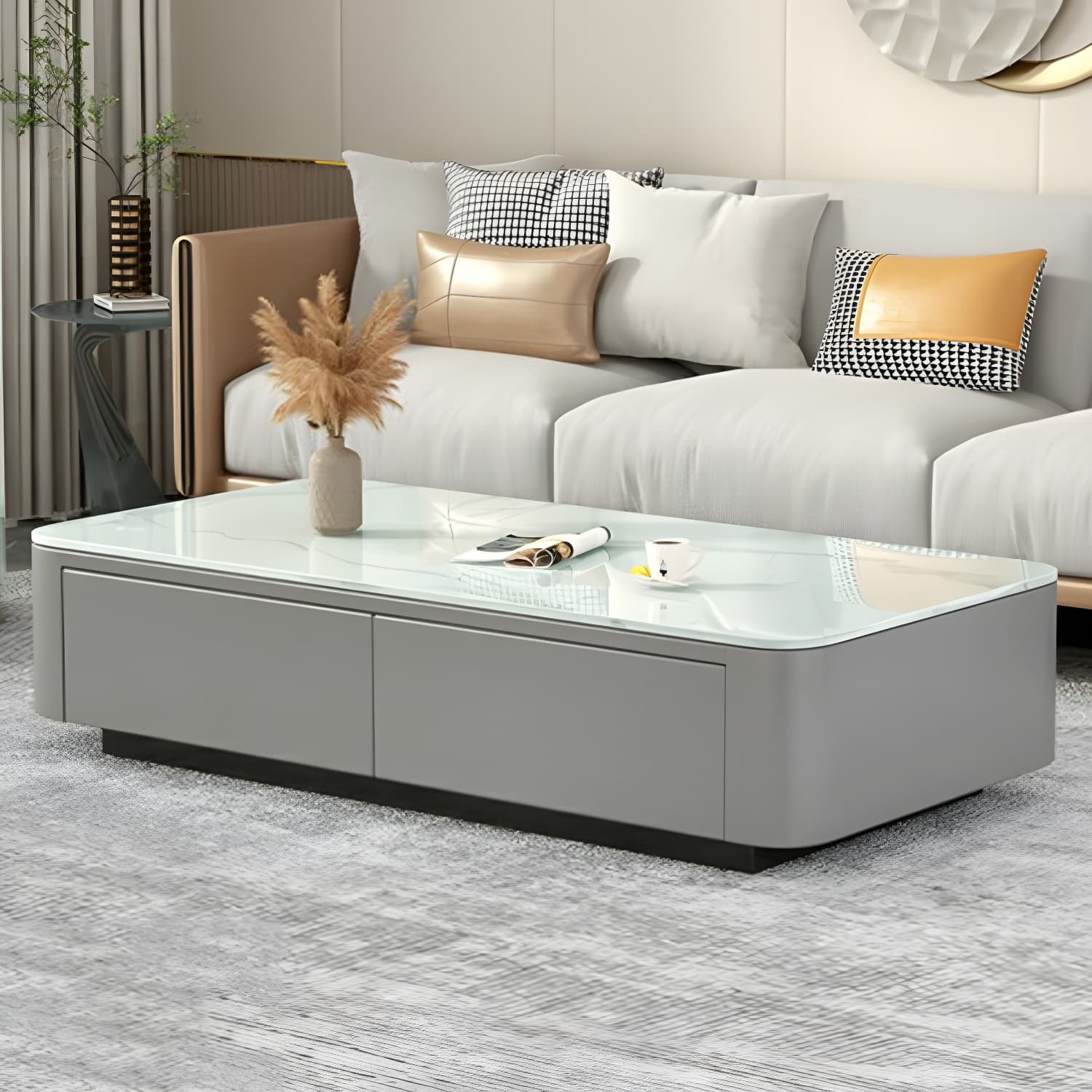 Modern Rectangular Coffee Table with Tempered Glass Top & Black Wood Base thumbnail 9
