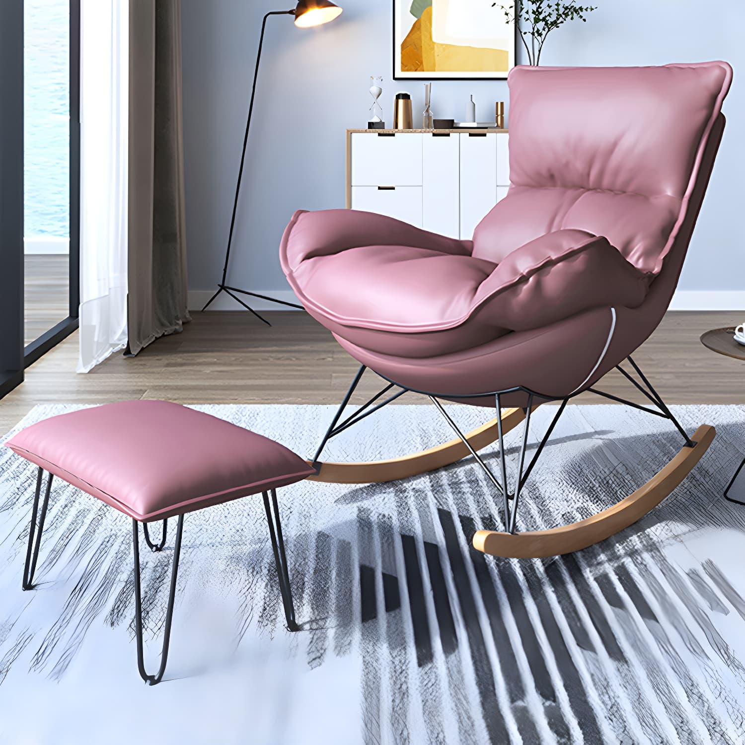 Contemporary Rocker Chair Antique Finish Rocking Chair with Ottoman thumbnail 17
