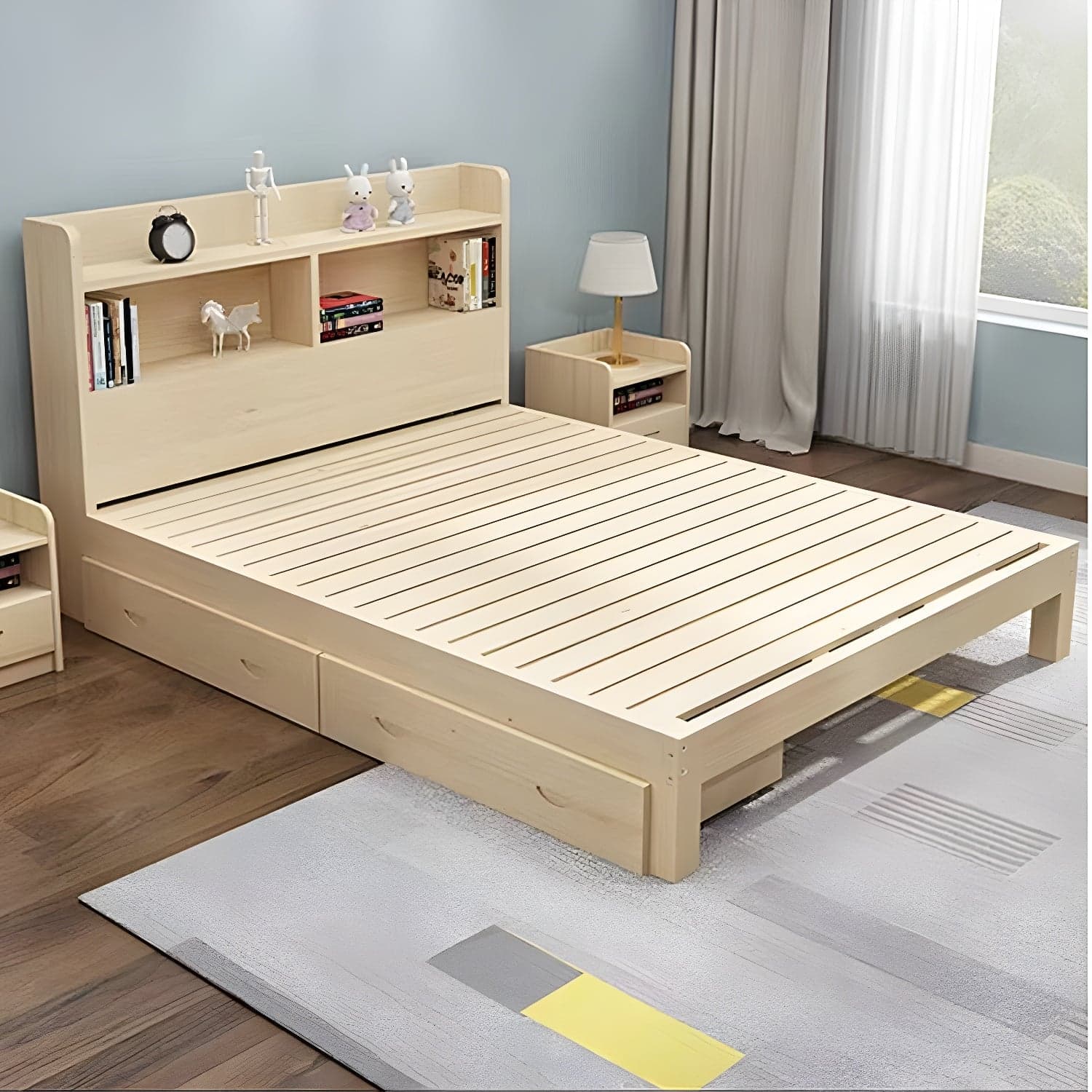 Nordic Solid Wood Bookcase Included Bed Frame Upholstered 2-Drawer Bed Frame thumbnail 3