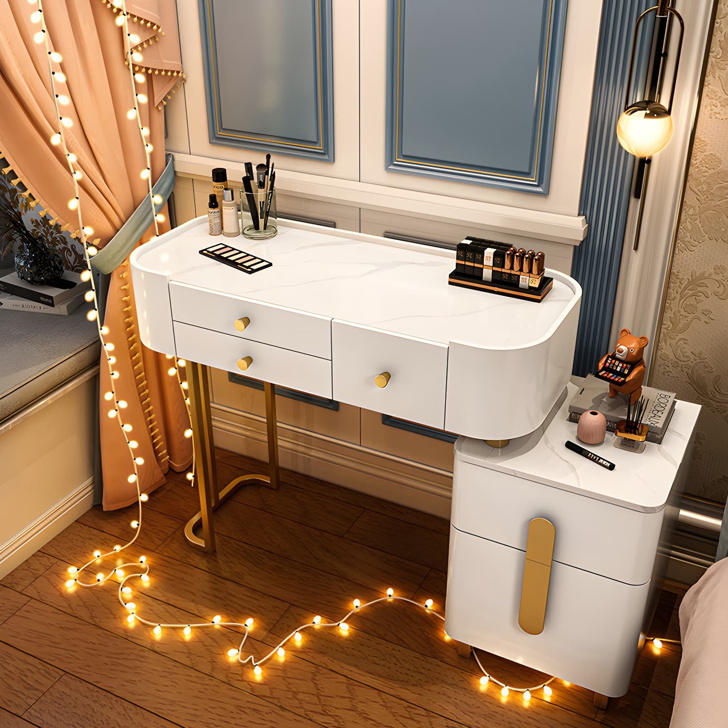 Modern Solid Wood Makeup Vanity Desk Bedroom Vanity Dressing Table Set thumbnail 2