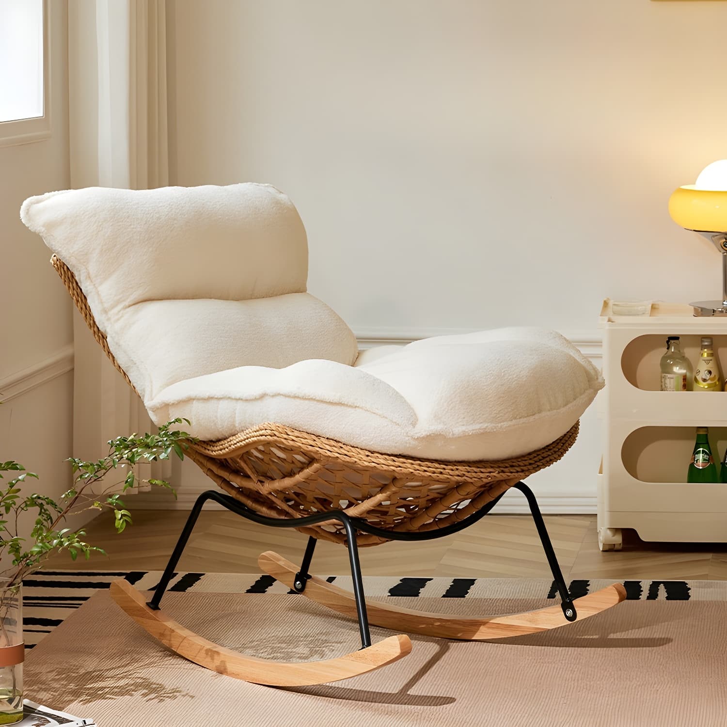 Traditional Armless Design Indoor Rocking Chair with rattan Frame and Nature Wood Legs thumbnail 6