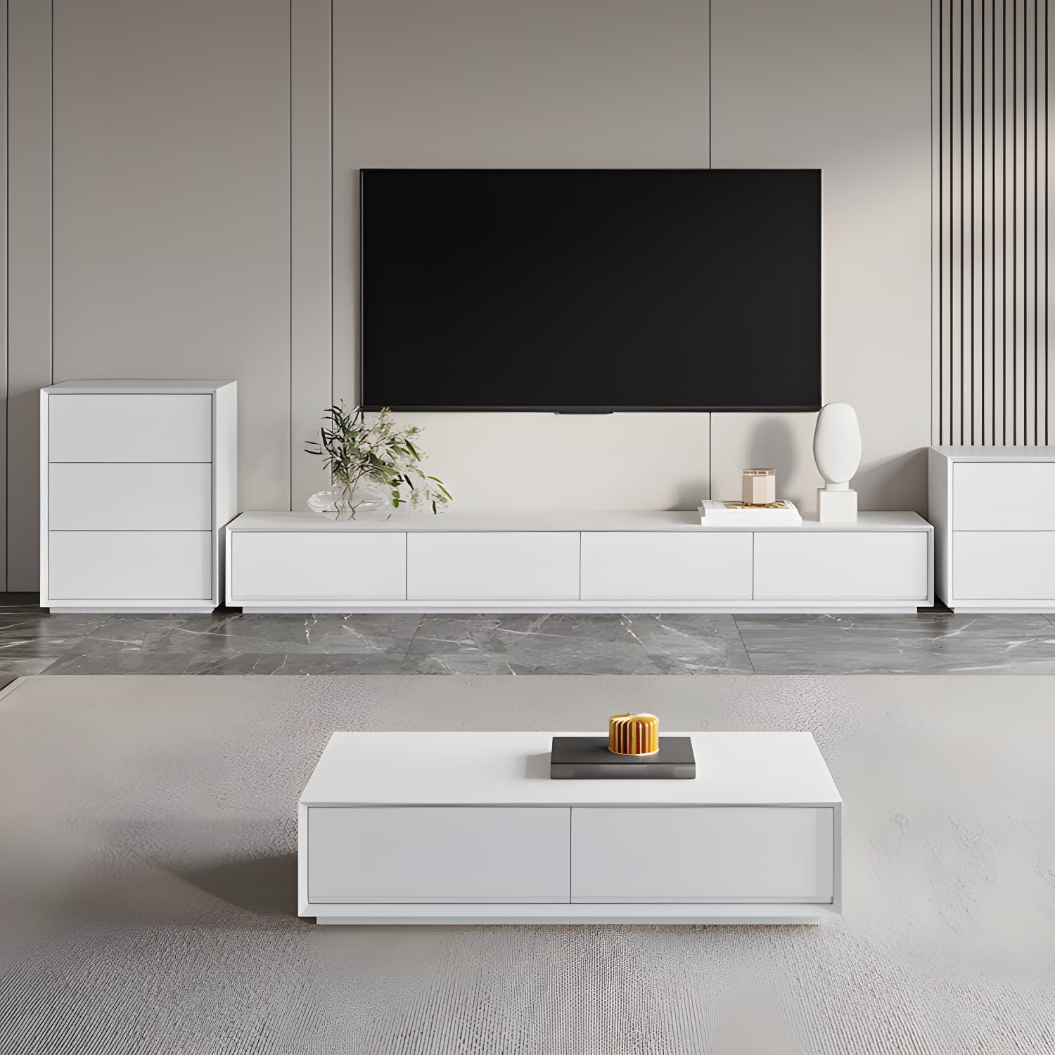 White Wood TV Stand Modernism TV Stand With Drawers for living Room thumbnail 6