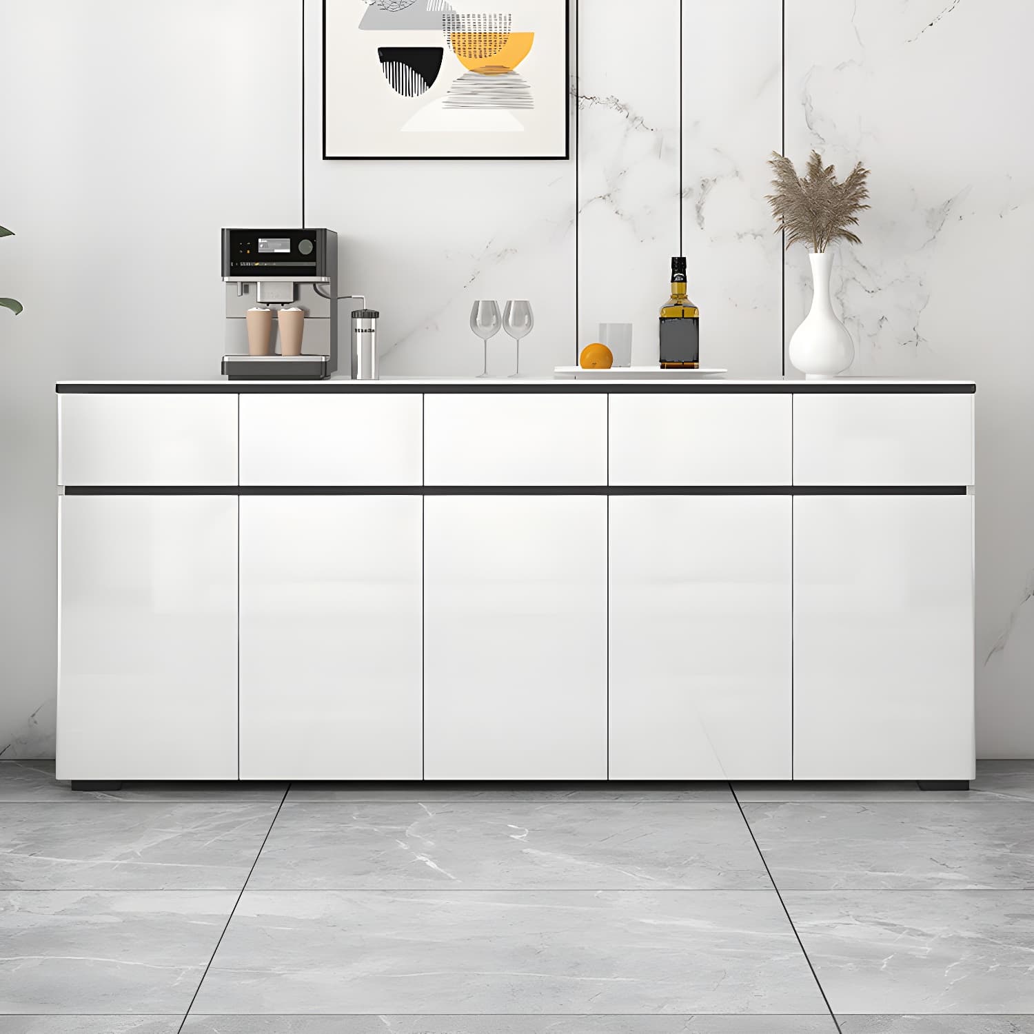 Modern White Sideboard with Glass Countertop, Cabinets, and Drawers thumbnail 1