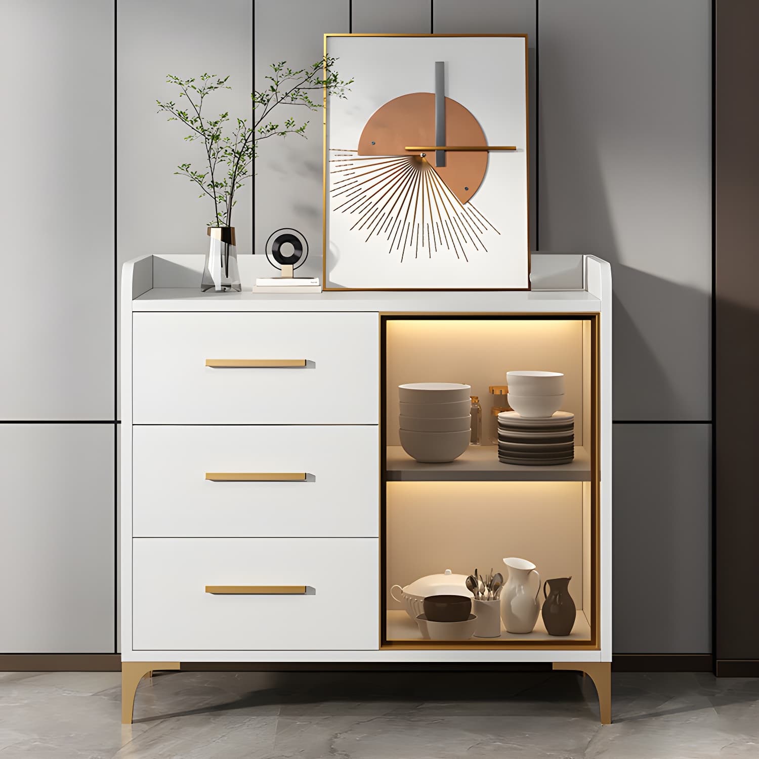 Glam Style Sideboard Wood Glass Doors Side Board with Cabinets and Drawers without Light thumbnail 8
