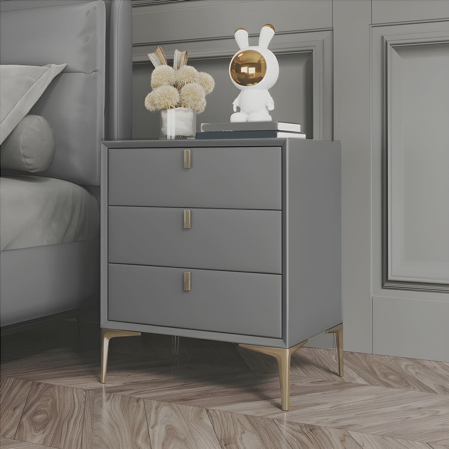 Glam Style Solid Wood 3-Drawer Nightstand with Legs for Bedroom thumbnail 6