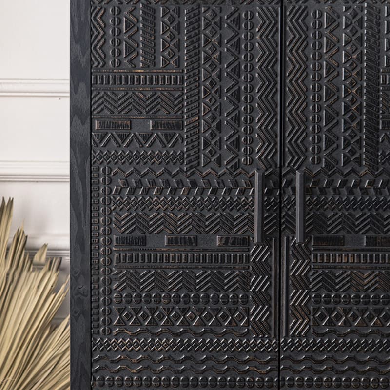 Modern Black Wood Console Cabinet with Cubby Storage and Wood Scoring & Rub Through Detailings thumbnail 7