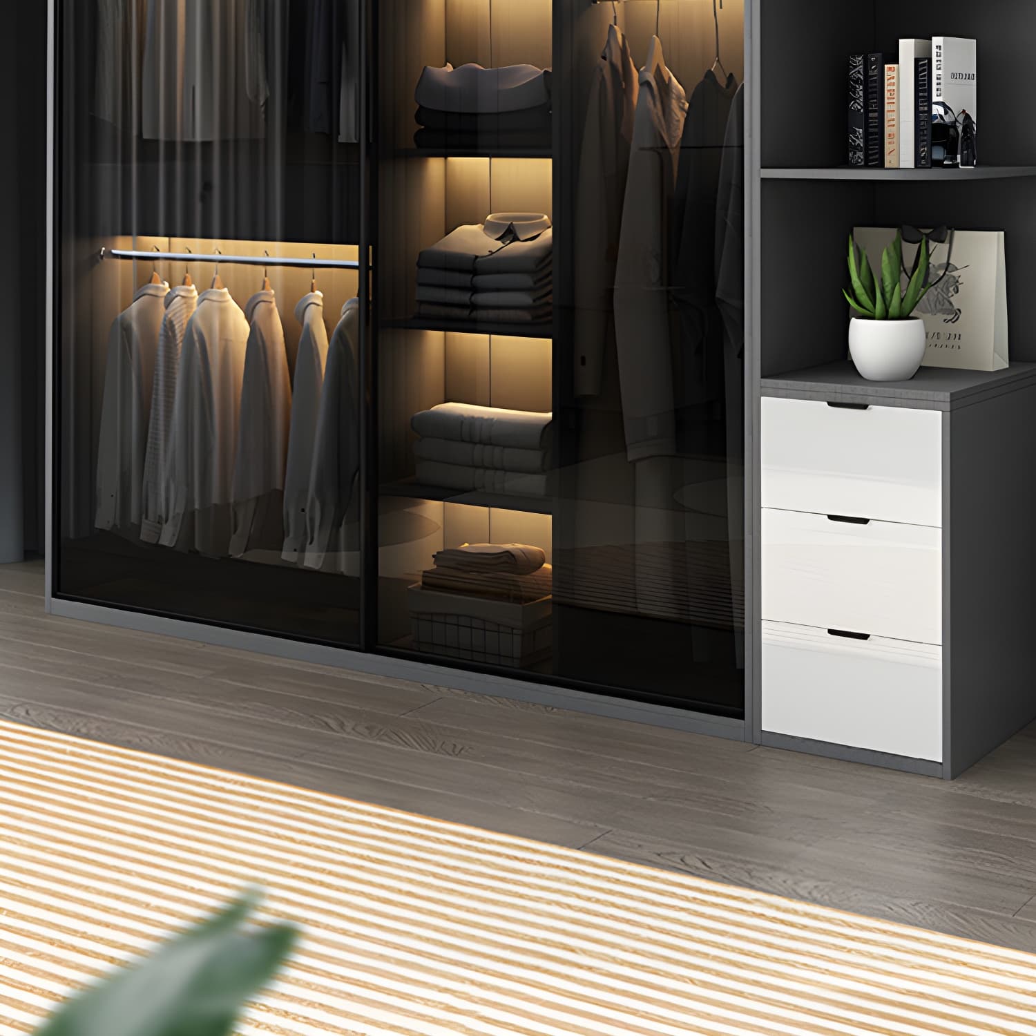 Glass and Wood Wardrobe Armoire Contemporary Wardrobe Cabinet thumbnail 4