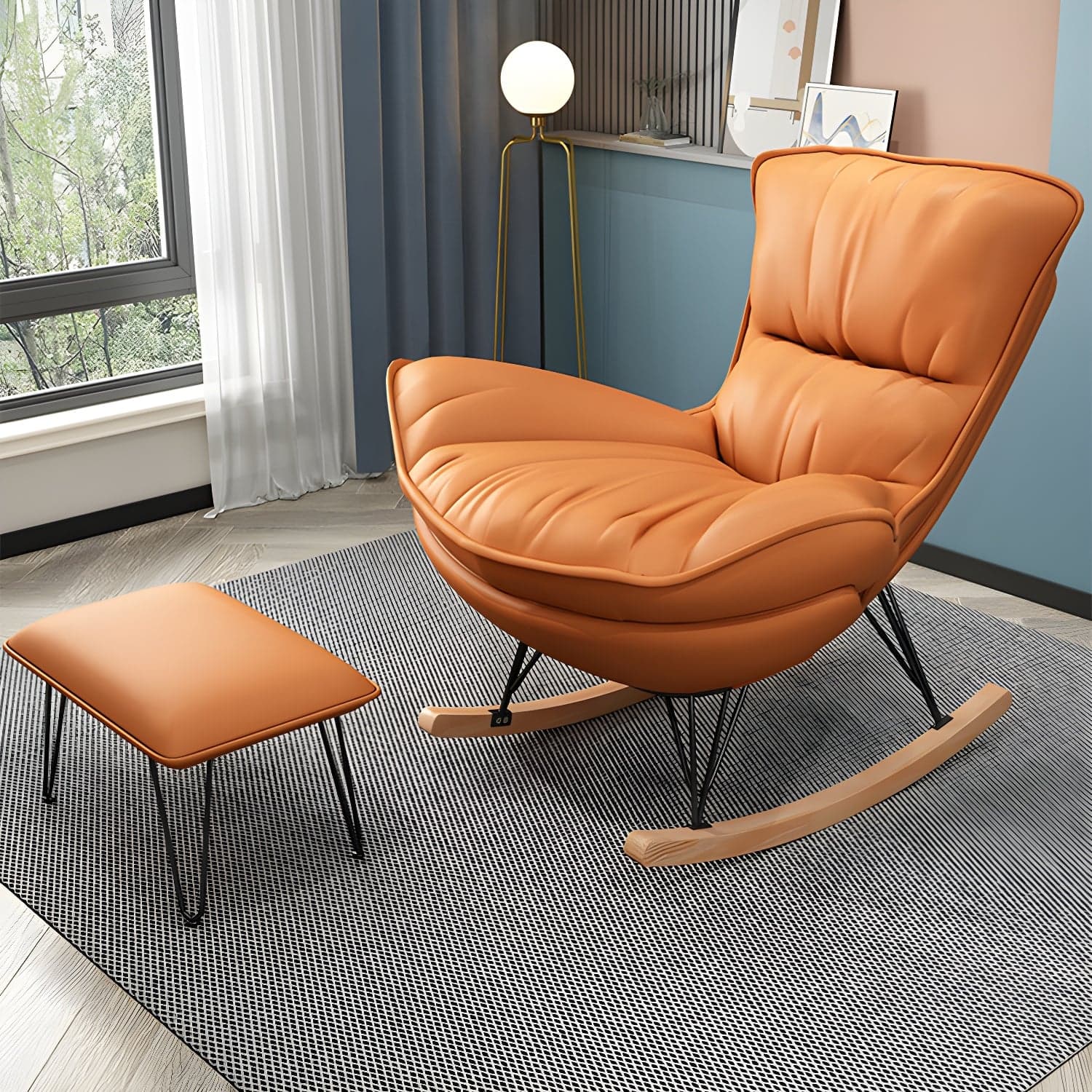 Modern Upholstered Rocking Chair and Ottoman Set - Natural Wood Legs, Stylish Design for Home Decor thumbnail 9