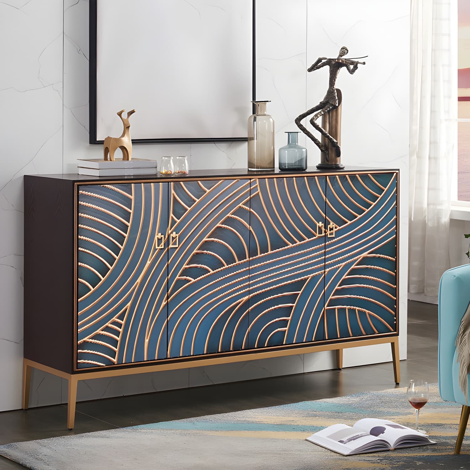 Gold Legs 35.4" High Sideboard Cabinet Glam Style Wood Buffet Table thumbnail 3