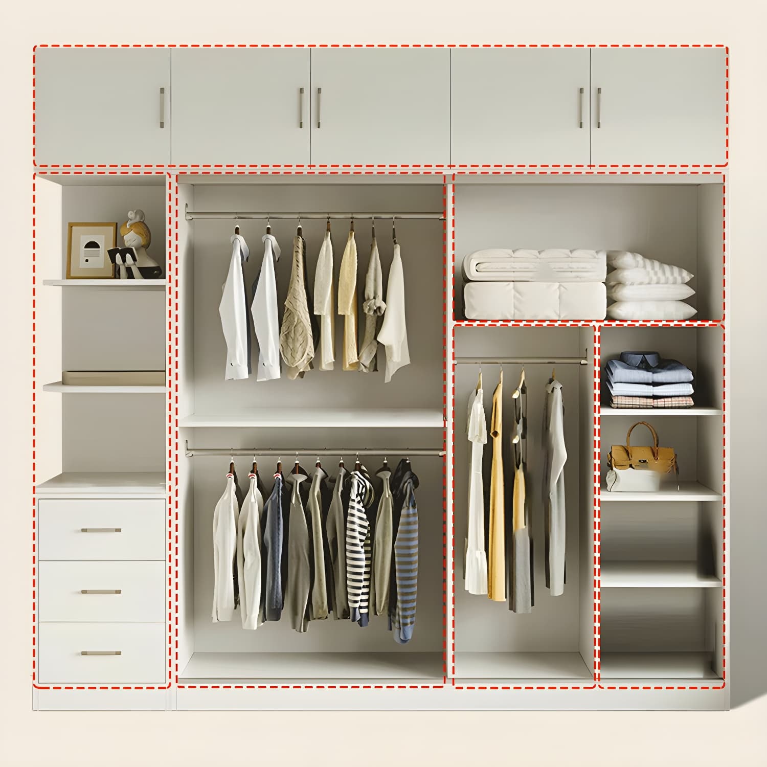 Modern White Wood Wardrobe Armoire with Sliding Doors, Shelves, and Soft Close Drawers thumbnail 7