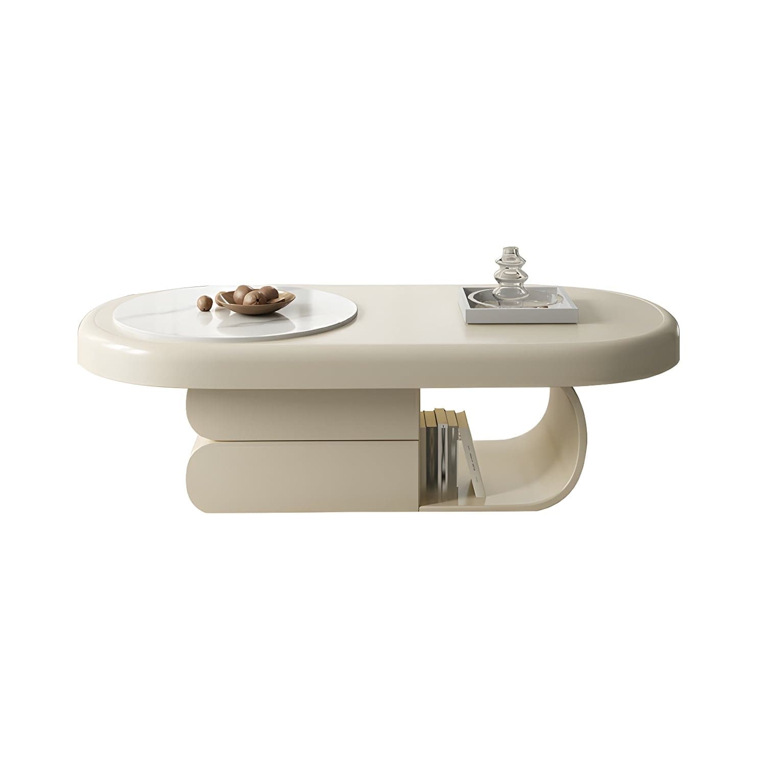 Modern Oval White Coffee Table with Storage, Shelves, and Drawers thumbnail 3