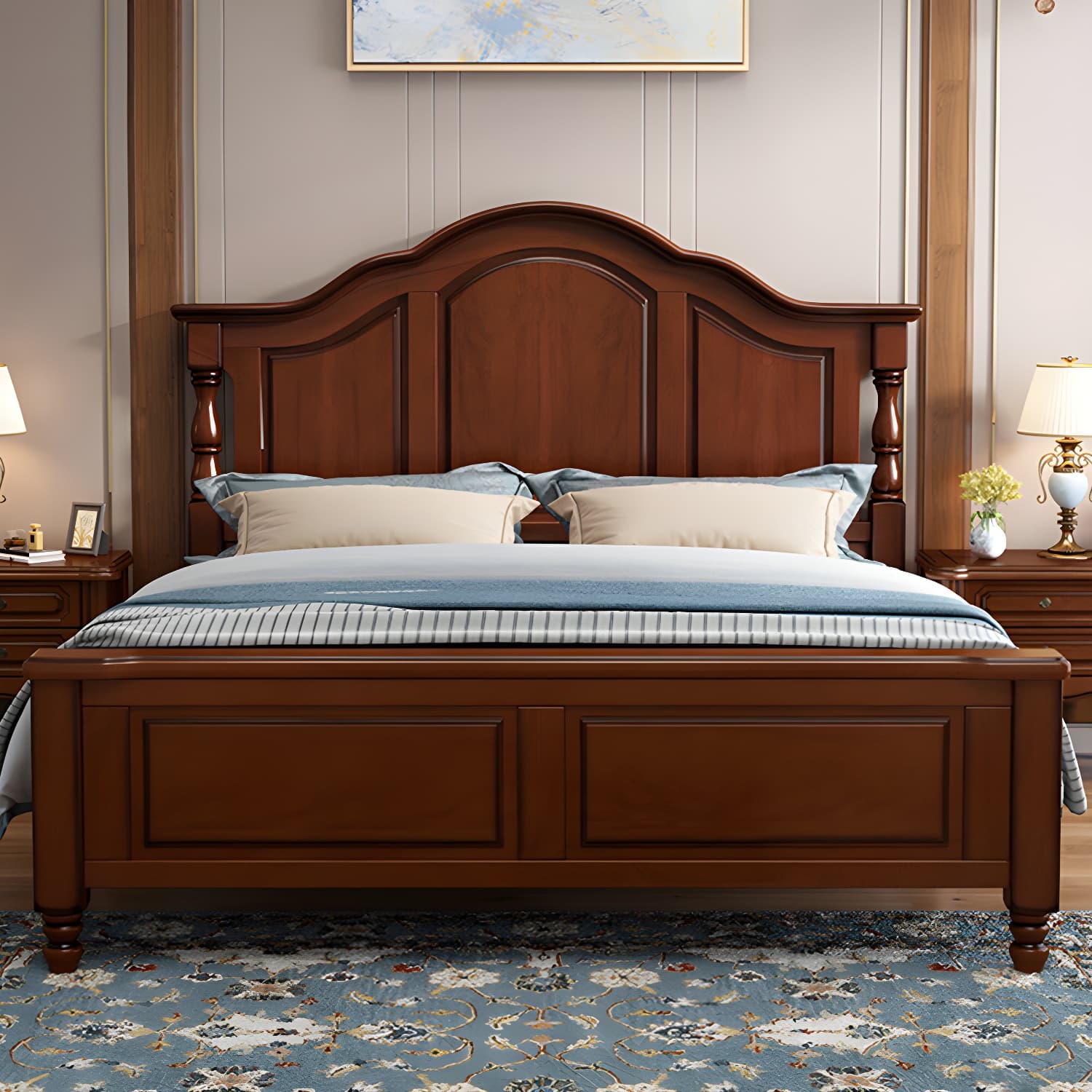 Contemporary Brown Bed Frame Solid Wood Bed with Arched Headboard thumbnail 1