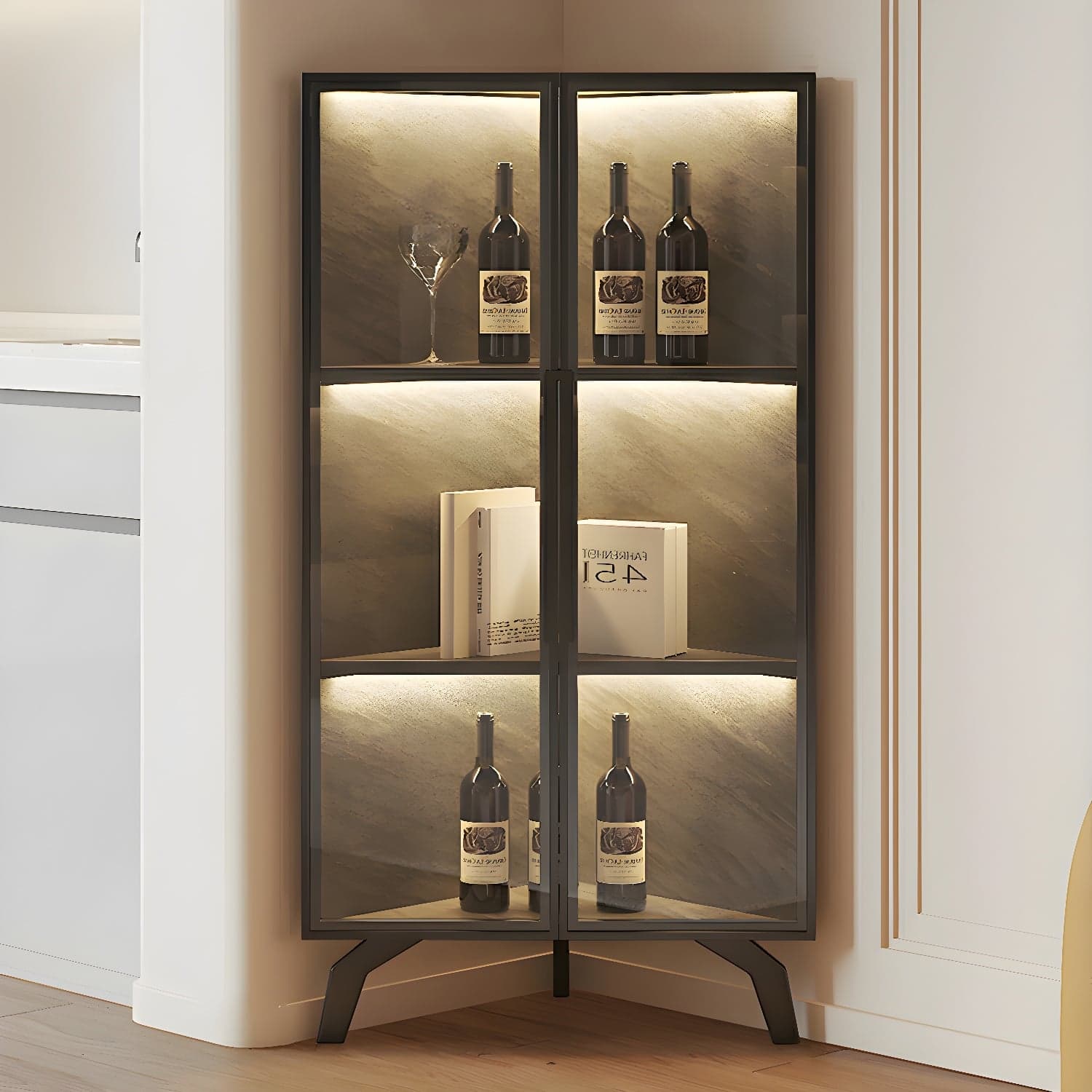 Modern Corner Glass Door Accent Cabinet with Black Metal Base thumbnail 3