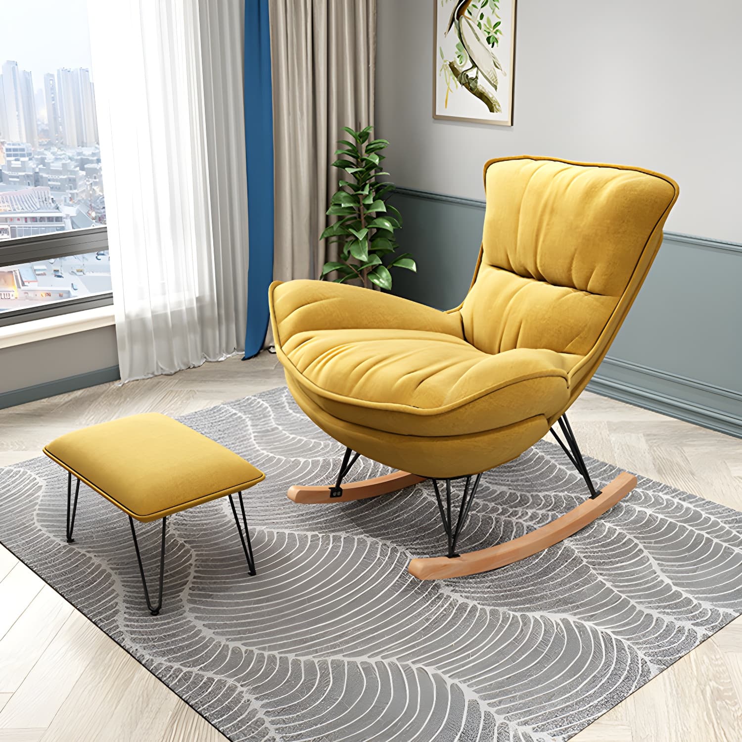 Stylish Modern Indoor Rocking Chair with Ottoman - Upholstered Seat and Natural Wood Legs thumbnail 19
