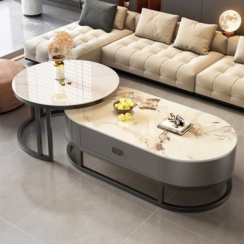 Set of 2 Modern Nesting Stone Coffee Tables with Metal Frame and Drawers thumbnail 3