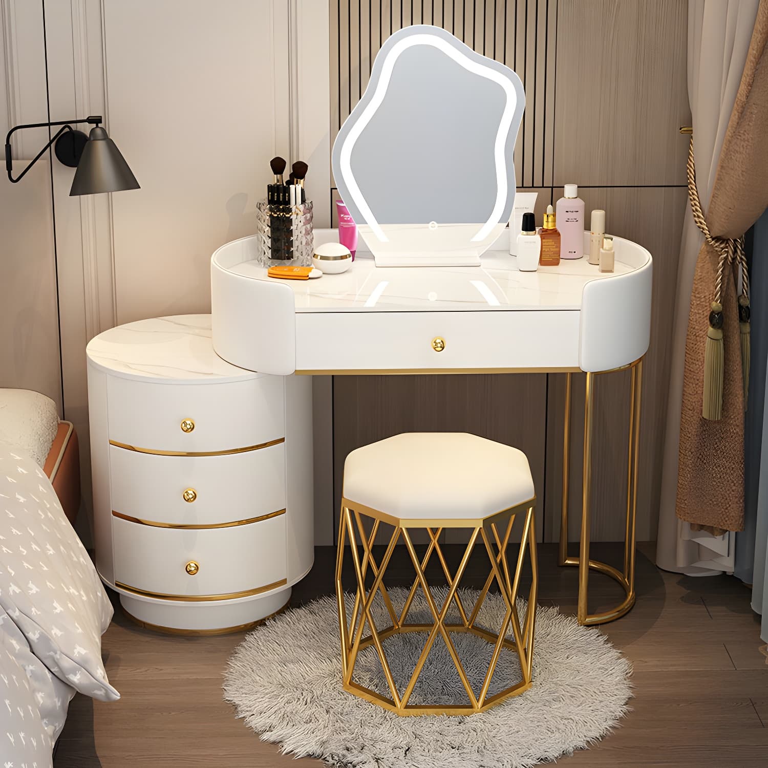 Lighted Mirror Makeup Counter Bedroom Makeup Vanity Desk Table with Drawer thumbnail 2