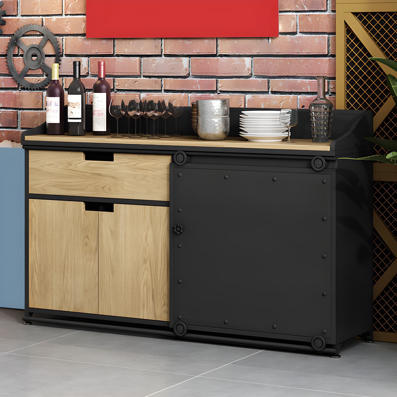 Modern Metal Sideboard with Wood Countertop, Cabinets, and Drawers - image 8