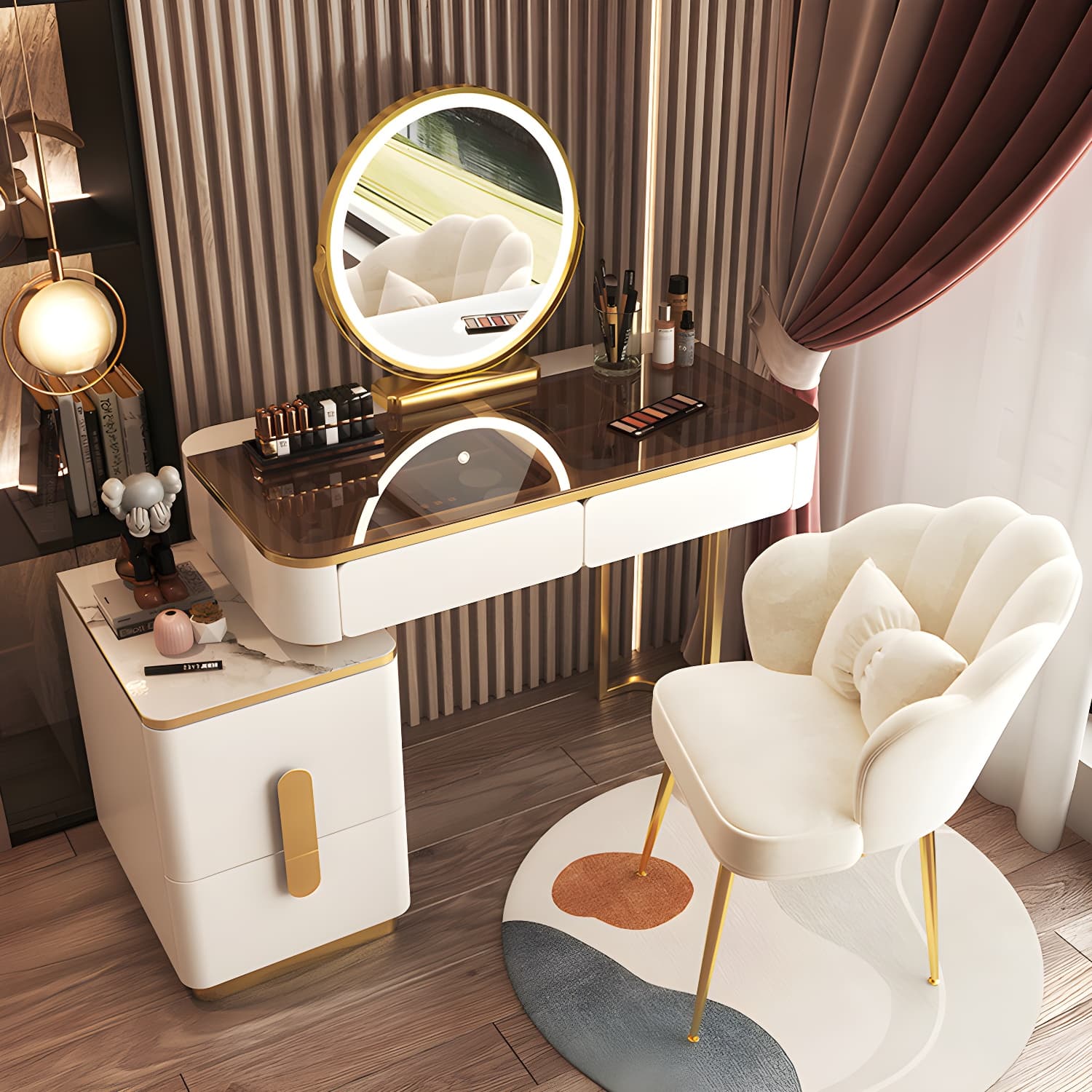 Glass Top Make-up Vanity Wood Dressing Table with Storage Drawers thumbnail 1