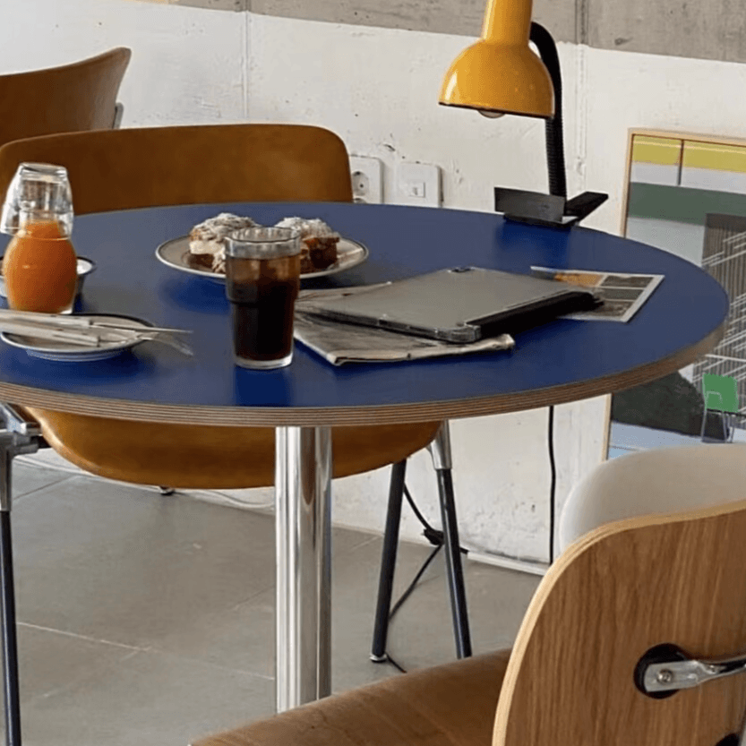 Trendy Orbicular Dining Table with Timber Top, Fixed Table Mechanism in Cerulean/Green/Apricot Color thumbnail 8