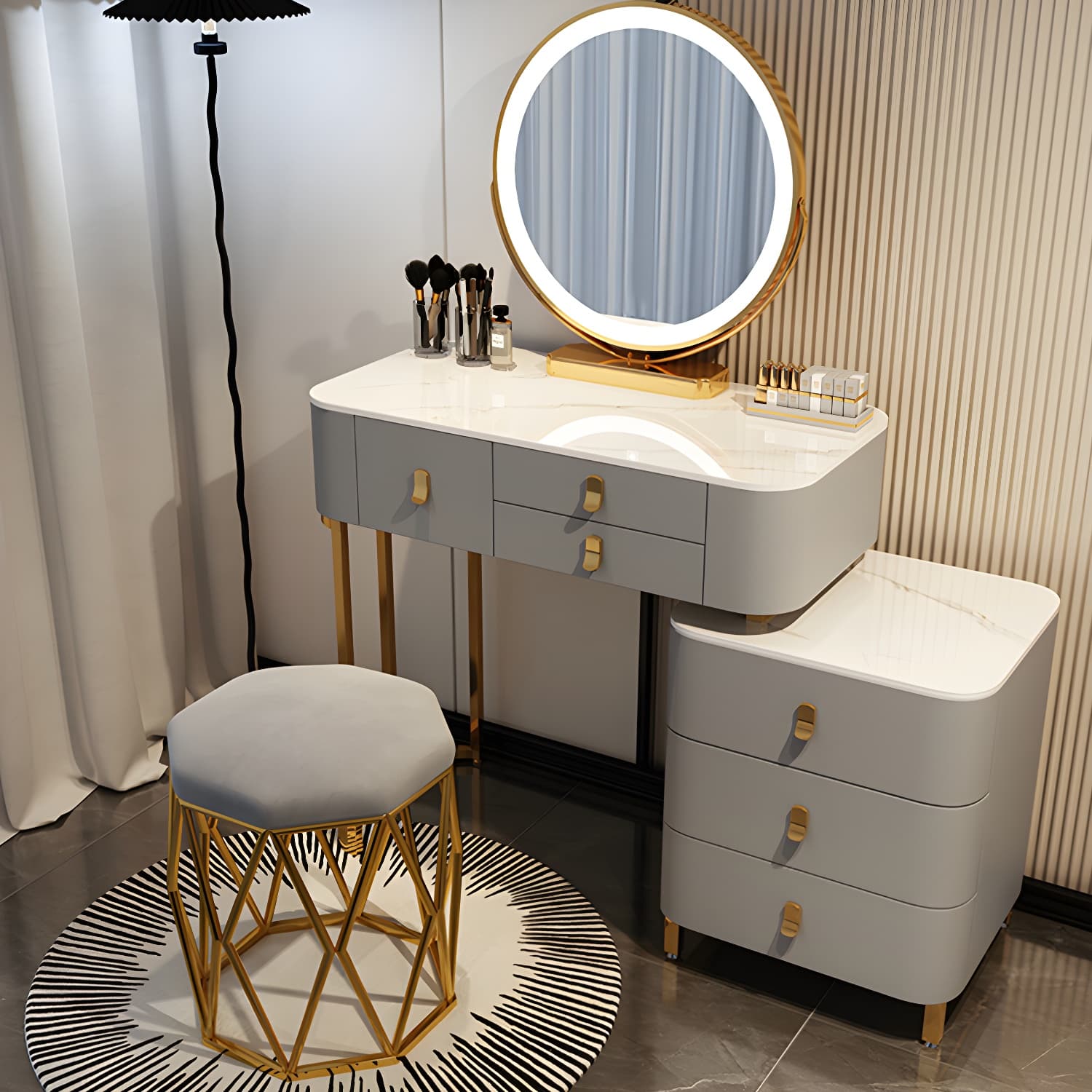 Contemporary Make-up Vanity with Stone Top and Storage Drawers thumbnail 12