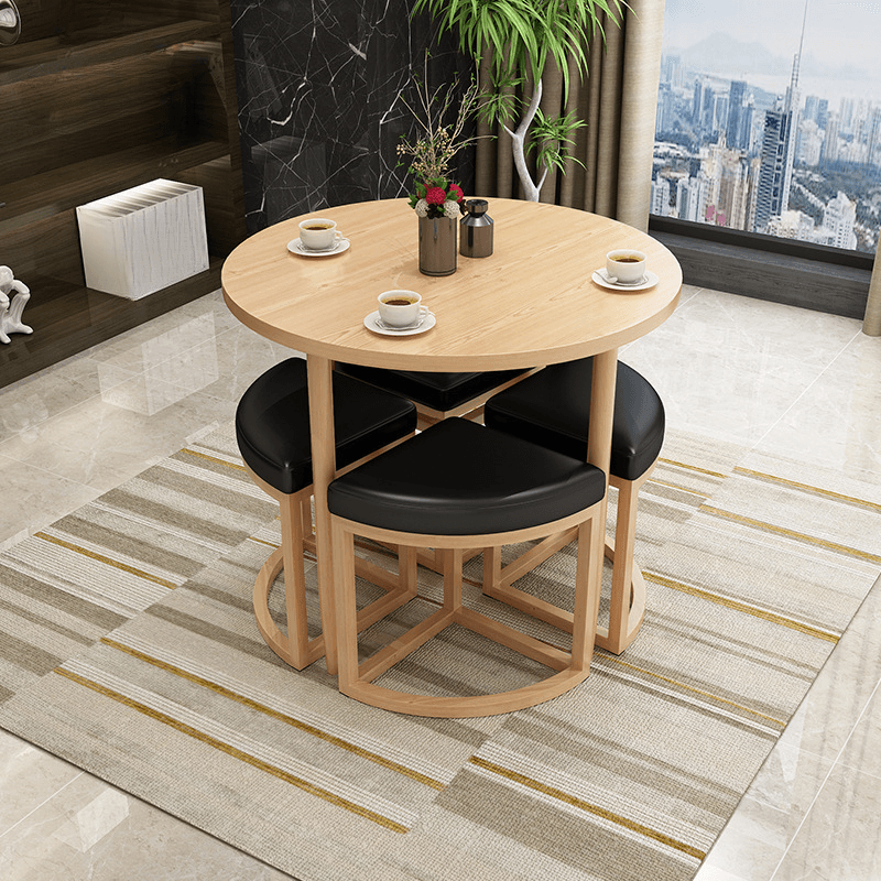 Reclaimed Wood Round Dining Table Set with Metal Toboggan Base and Upholstered Backless Chairs for 4 People thumbnail 27