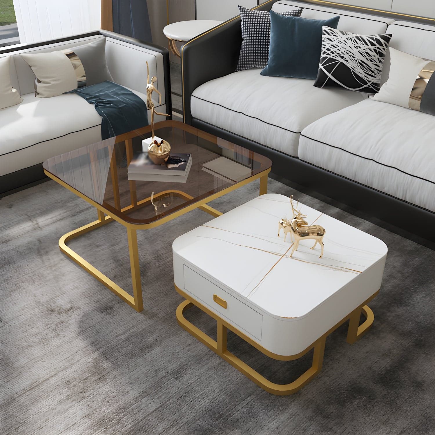 Round Slate/ Glass Coffee Table Frame 2 Nesting Cocktail Table with Storage thumbnail 2