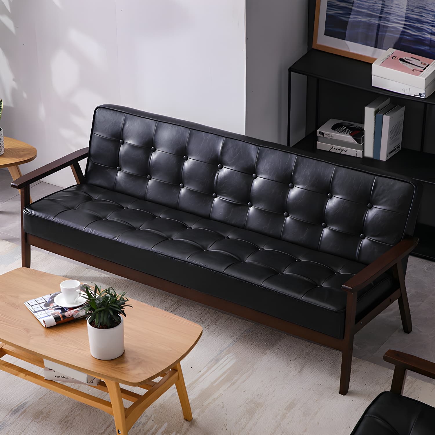 Mid-Century Modern Pine Wood Sofa with Tufted Back and Single Cushion Design thumbnail 10