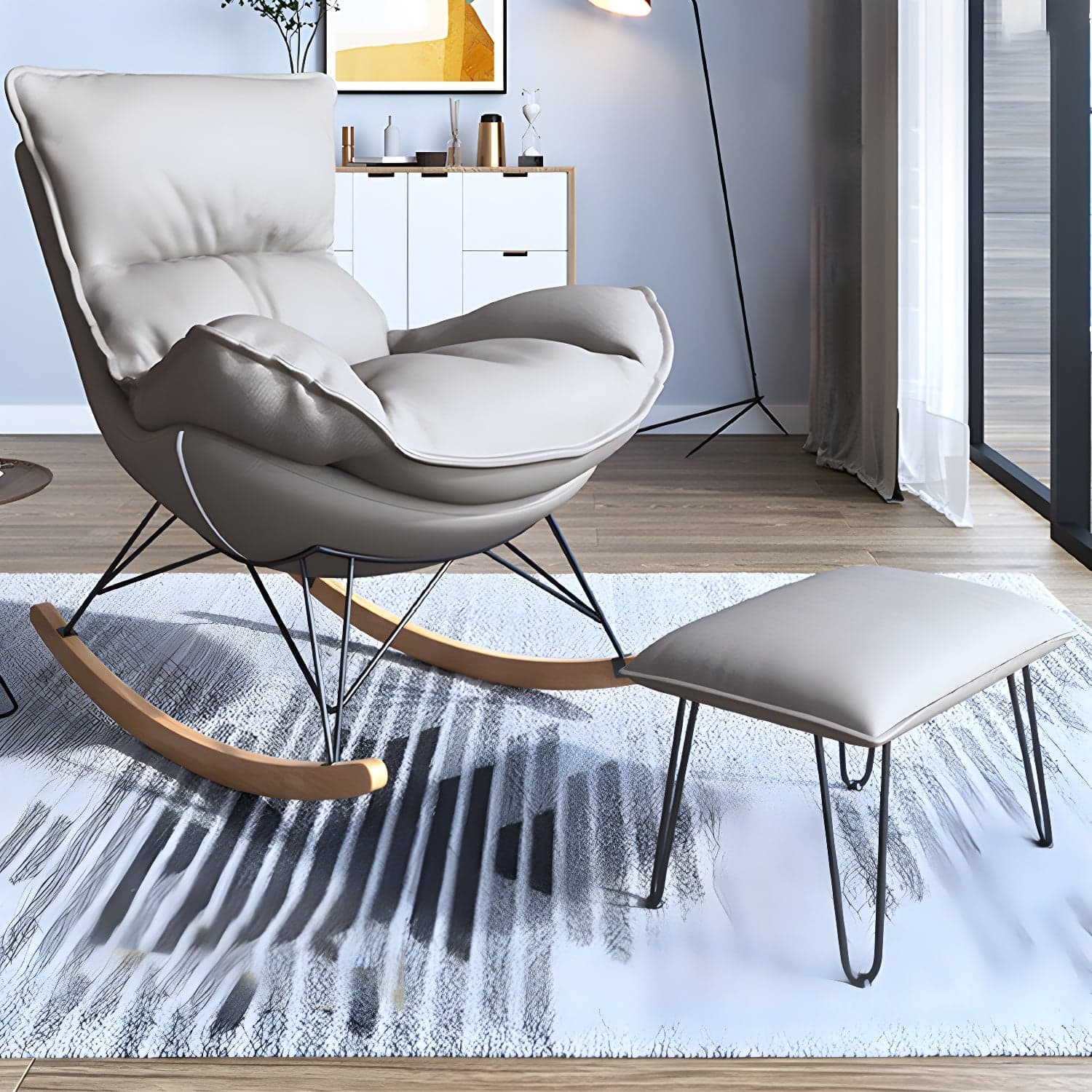 Contemporary Rocker Chair Antique Finish Rocking Chair with Ottoman thumbnail 1