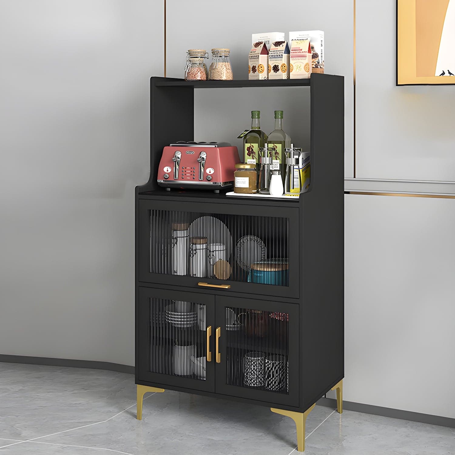 Sintered Stone Countertop Dining Server Manufactured Wood Kitchen Server with Glass Doors thumbnail 1